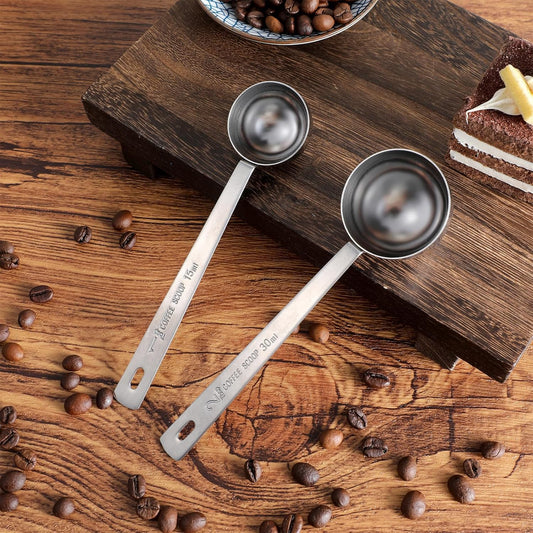 2Pcs Coffee Scoop,Long Handle Measuring Spoon15 Ml and 30 Ml Stainless Steel Coffee Scoop Set for Latte Beans Ground Espresso Espresso Protein Powders Tea Sugar