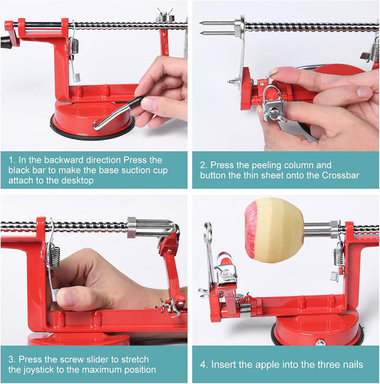Apple Peeler Corer, Apple Peeler, 3 in 1 Peel Slice Remove Core, with Suction Base Suitable for Apples, Pears, Potatoes, Carrots (Red)