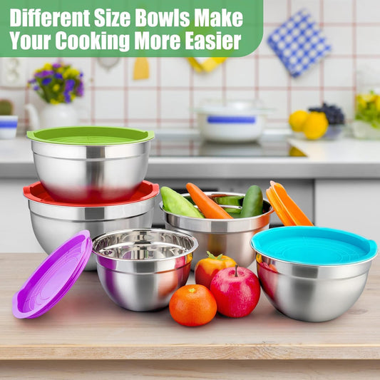 Mixing Bowls with Airtight Lids Set of 5, 10-Piece Stainless Steel Mixing Nesting Bowl, Metal Bowl with Lid for Kitchen Prepping & Storing, Size 4.6, 3, 1.5, 1, 0.7 QT, Multicolor