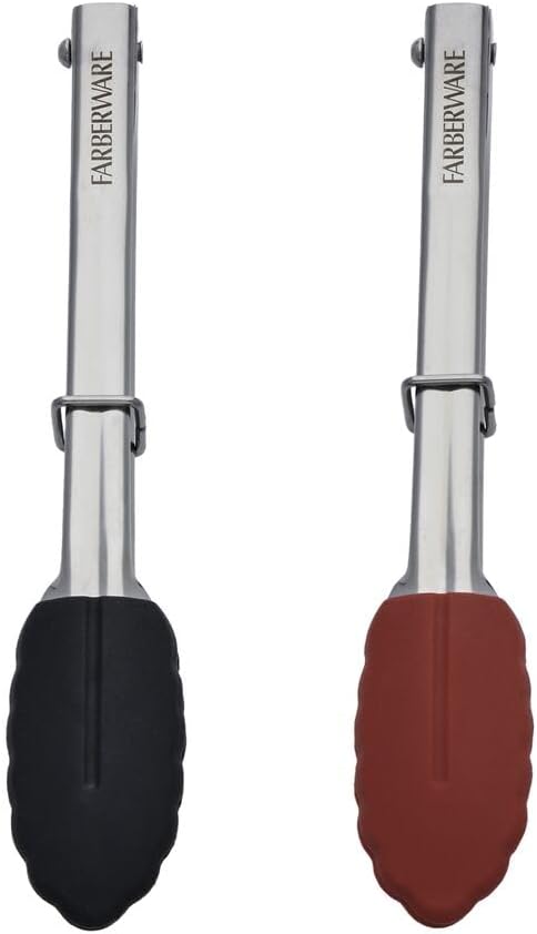 Mini Kitchen Tongs Set of 2, 7 Inch Stainless Steel Cooking Tongs with Silicone Tips, Heat Resistant to 450F, Ring Lock for Compact Storage, Dishwasher Safe, Red and Black