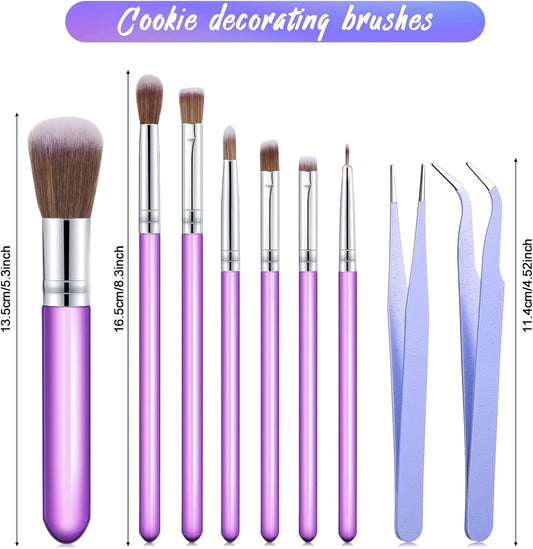 10 Pieces Cake Candy Decorating Brushes Tools Cookie Decoration Brushes Pastry Brush and Stainless Steel Straight and Curved Tip Tweezers Pasta Tweezers for Baking Fondant (Purple Color)