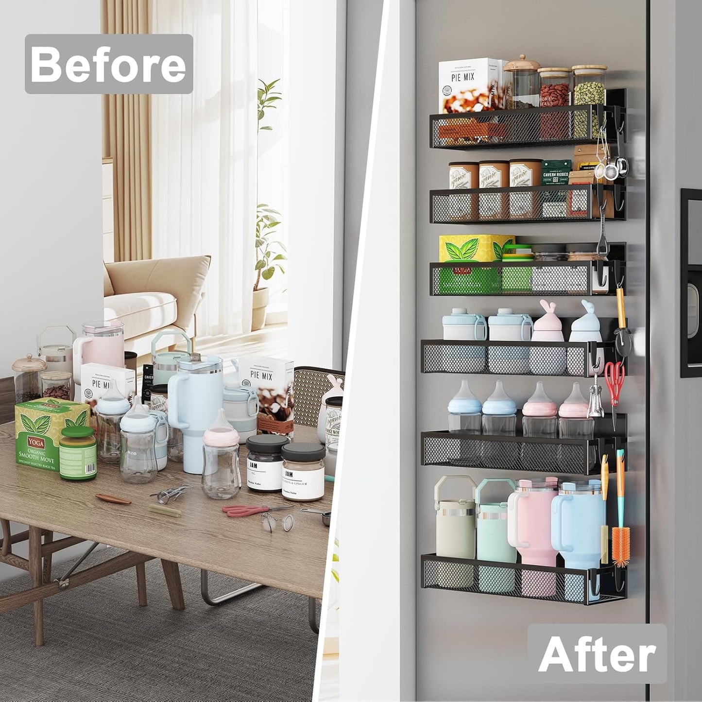 Magnetic Spice Rack for Refrigerator, 2 Pack Magnetic Shelf, Fridge Magnet Organizer with Moveable 4 Hooks, Magnetic Fridge Shelf for Kitchen Organization and Storage (2 Pack)