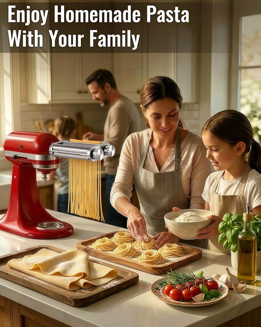 Pasta Maker Attachment for KitchenAid Mixer, 3-in-1 Metal Roller & Cutter | 3-in-1 for KitchenAid: Roller, spaghetti (2mm) & fettuccine (6mm) cutters in one sleek attachment — fresh pasta, zero clutter