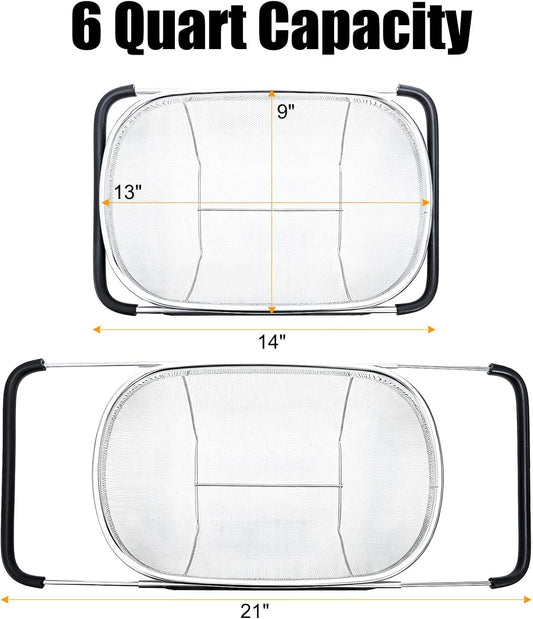 2 Pack Over the Sink Oval Colander for Kitchen, Stainless Steel Fine Mesh 6 Quart Strainer Basket with Expandable Rubber Grip Handles for Straining, Draining, Rinsing Fruits, Vegetables