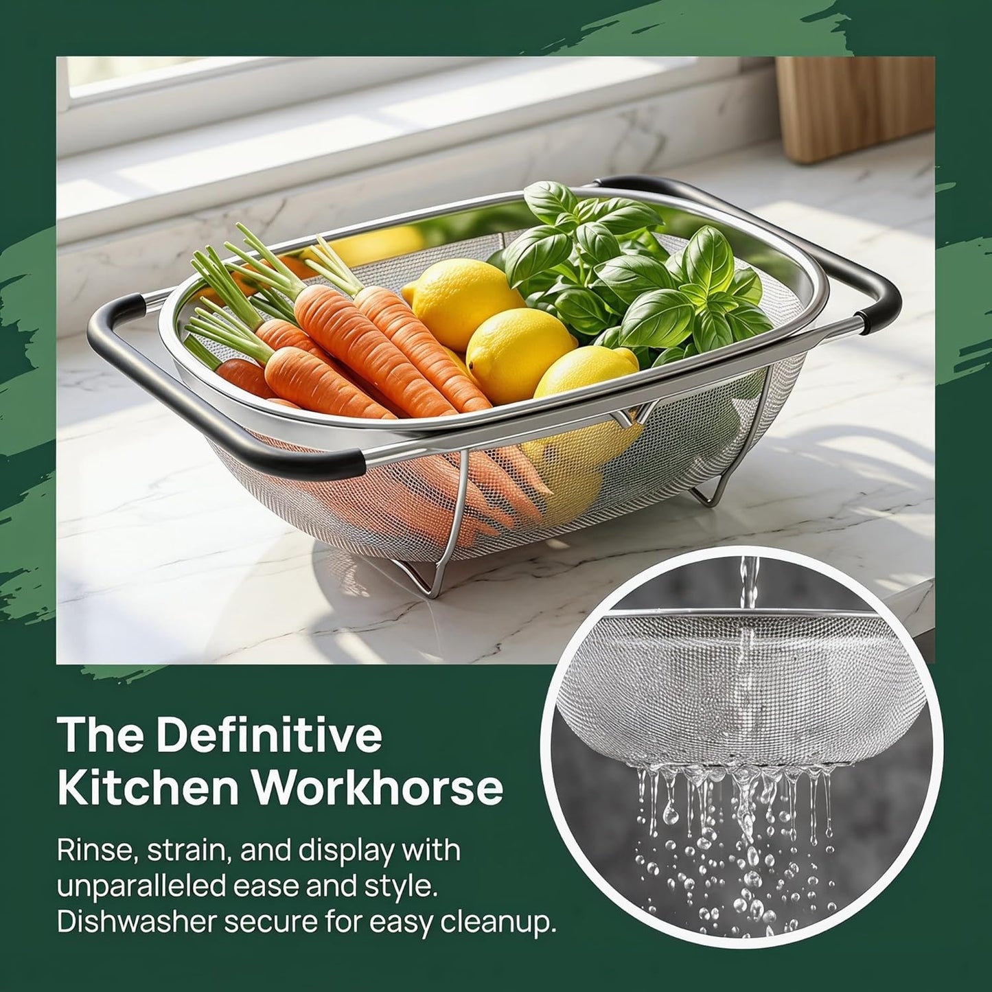 2 Pack Over the Sink Oval Colander for Kitchen, Stainless Steel Fine Mesh 6 Quart Strainer Basket with Expandable Rubber Grip Handles for Straining, Draining, Rinsing Fruits, Vegetables
