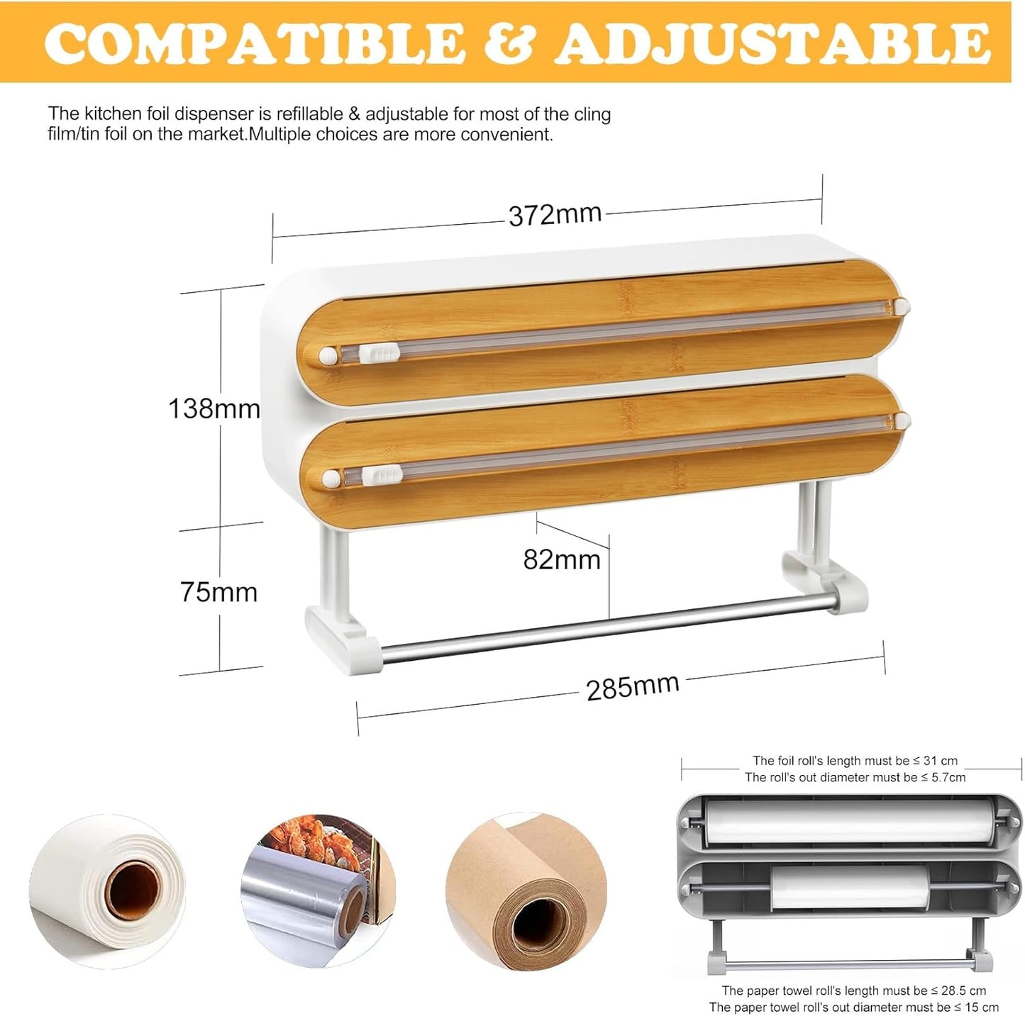 Magnetic Plastic Wrap Dispenser with Cutter - Refillable Aluminum Tin Foil and Plastic Wrap Organizer for Kitchen, Upgraded 3 in 1 Paper Towel Holder Wall Mount - Fits 12" Roll, White