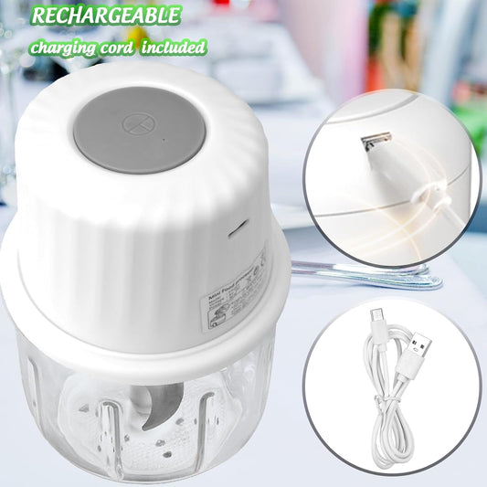 Mini Electric Garlic Chopper 300ML GLASS Food Processor Cordless | Type-C Rechargeable Mincer for Vegetables Puree, Stainless Steel Blades, BPA Free, with Scraper Splash Guard Charging Cord