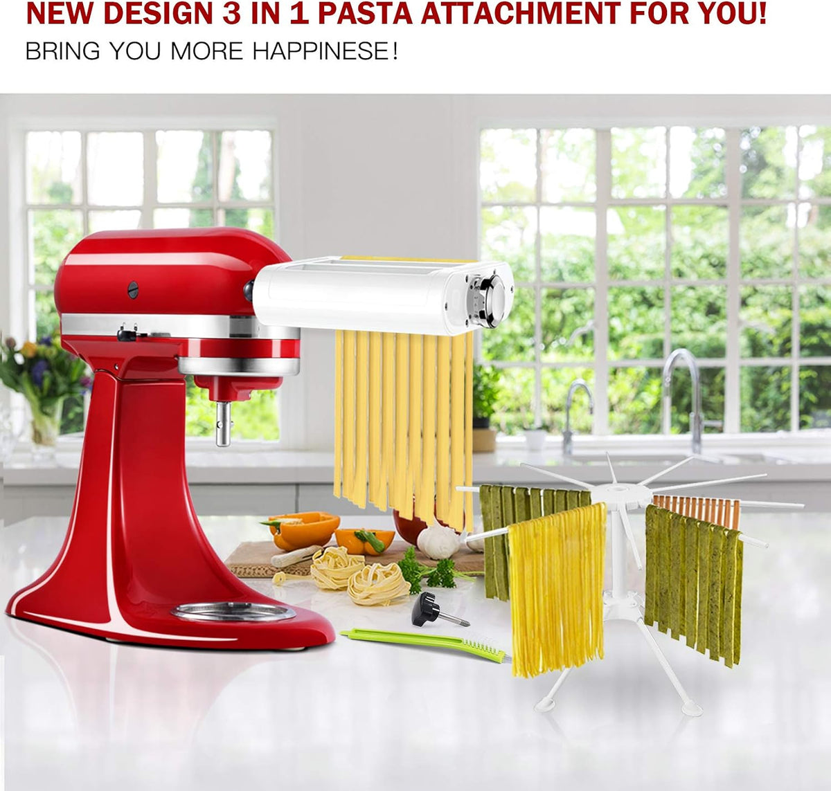3-IN-1 Pasta Attachment & Ravioli Attachment for KitchenAid Stand Mixers, Pasta Maker Assecories included Pasta Sheet Roller, Spaghetti Cutter and Ravioli Maker Attachment