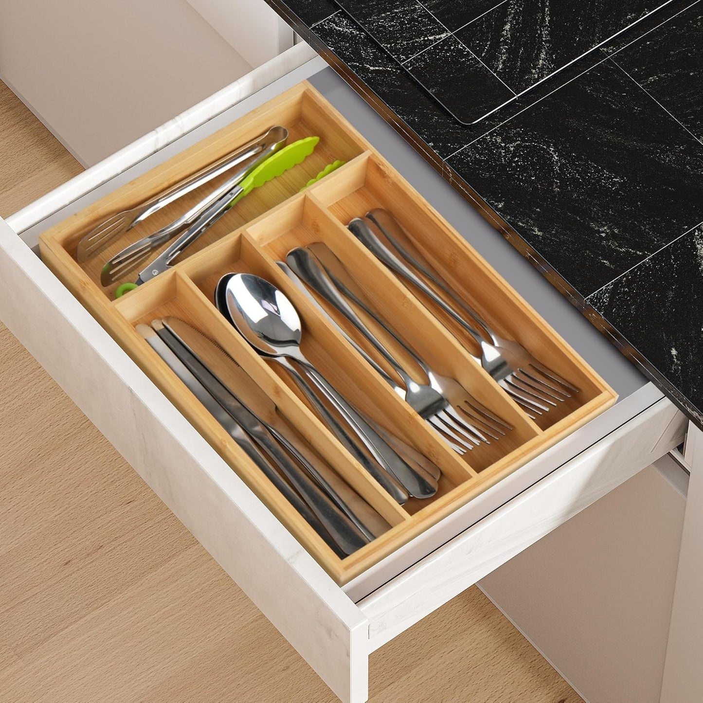 Bamboo Kitchen Drawer Organizer, 9.5 Inch Silverware Tray for Small Drawer, Utensil Organizer for Cutlery, Fork, Spoon Storage (5 Slots, Natural)