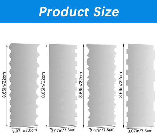 4 Pieces Stainless Steel Cake Scraper 10 Inch and Sided Patterned Edge Stripe Edge Smoother Scraper Cake Decorating Comb Cake Pastry Cutter for Mousse Butter Cream Cake Decoration