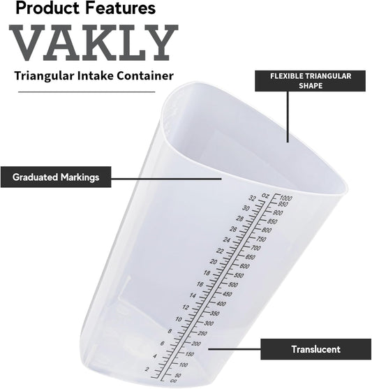 32 oz Graduated Triangular Intake Output Container, Plastic, 5 Pack | Easy-to-read oz & cc markings for accurate measuring, ideal for specimen collection, paint, epoxy mixing and laboratory use