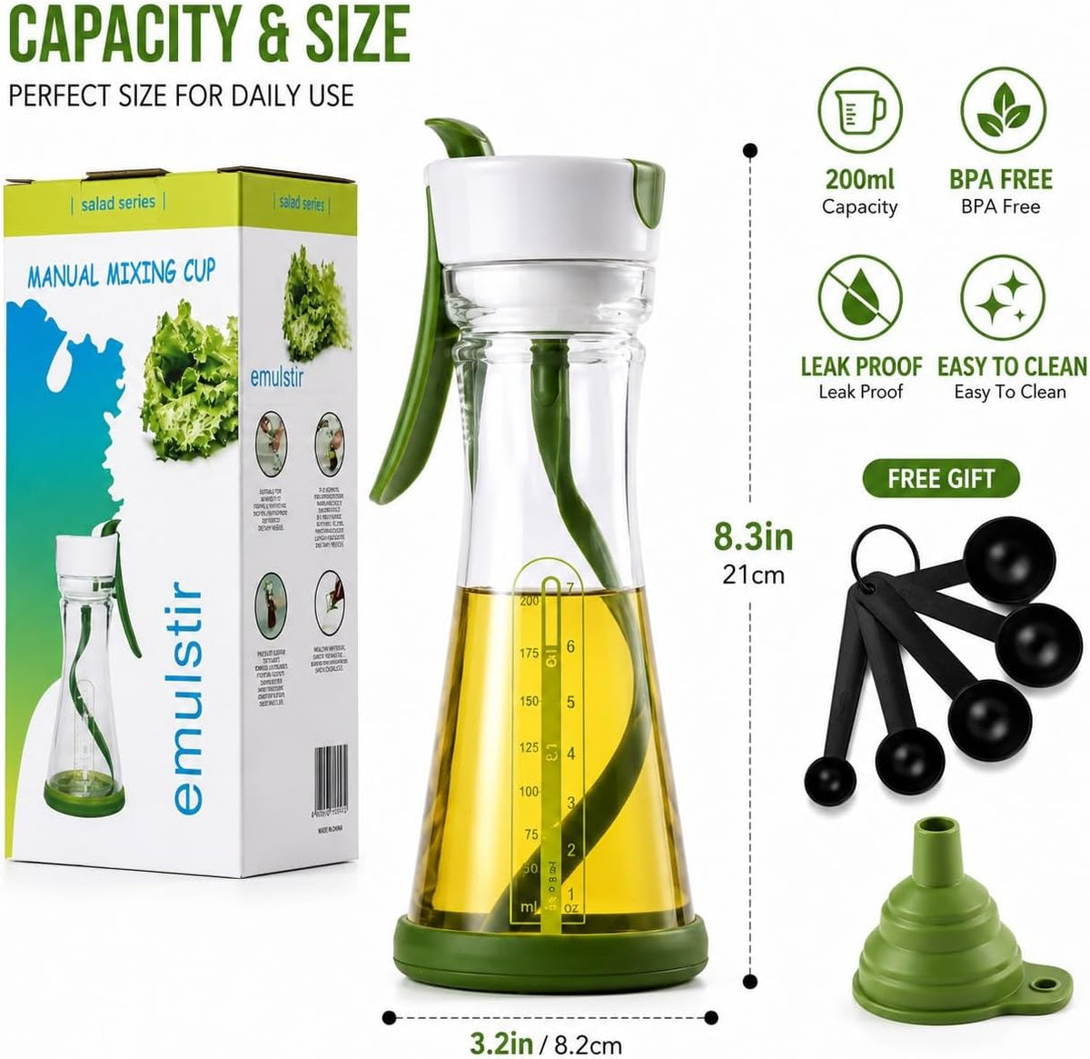 Salad Dressing Shaker Bottle with Manual Spiral Mixer, BPA-Free 200ml Mixing Bottle, Measuring Scale, Measuring Spoons & Collapsible Funnel for Homemade Dressings, Marinades & Sauces