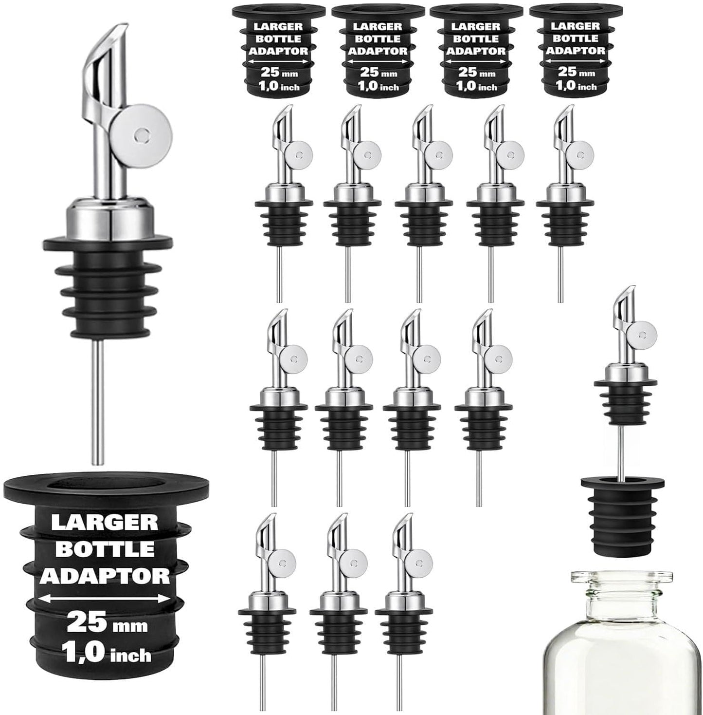 Olive Oil Pour Spout with Adapters, Oils Pourer for Olive Oil Dispenser Bottle, Easily Turn Your Bottles into Dispensers for Liquor,Oils,Bottle Pourers (Sliver, 3 Pack Pour +Adapters)