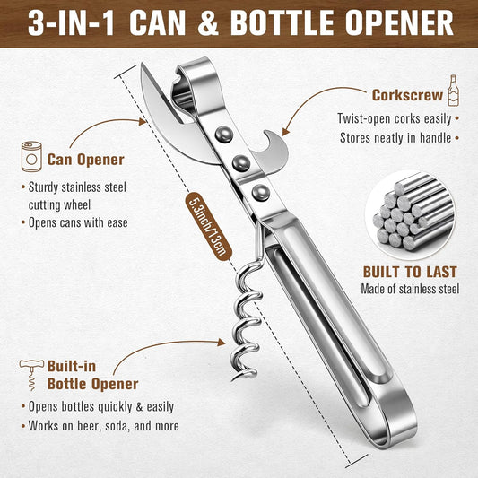 2 Pack 3 in 1 Can Openers, Vintage Can Opener with Dual Sided Blade, Left & Right Hand Friendly, Heavy Duty Stainless Steel Old Fashioned CanOpener, One for Kitchen, One for Camping