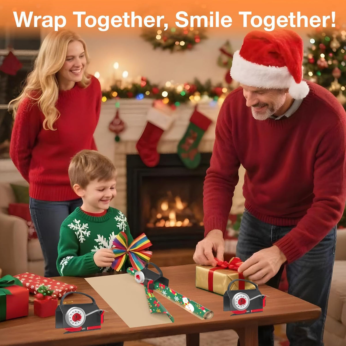Wrapping Paper Cutter(2-Pack) & Tape Dispenser Dual Use with 4 Tapes for Christmas Gift Wrap Cutter Tool Paper Roll Holder Tube Sliding Slicing for Birthday Holiday.