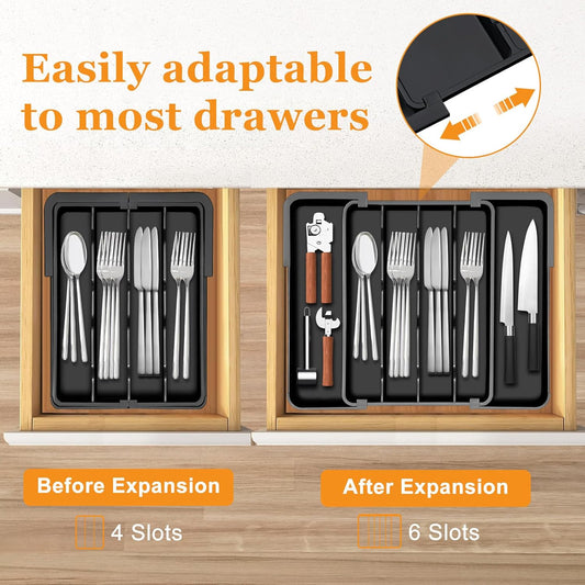 Silverware Organizer - Expandable Kitchen Drawer Organizer Utensil Holder, BPA Free Flatware and Cutlery Tray for Spoons Forks Knives, Plastic Kitchen Organizer and Storage