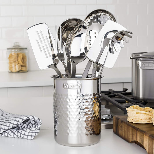 Kitchen Utensil Holder, Hammered Stainless Steel Kitchen Utensils Organizer Crock, Counter Top Storage, Cooking Accessories, Silver