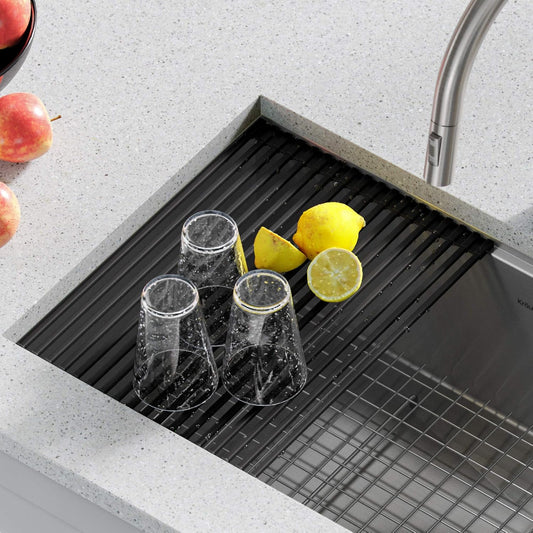 Multipurpose Workstation Sink Roll-Up Dish Drying Rack, Colander and Trivet in Dark Grey, KRM-11DG