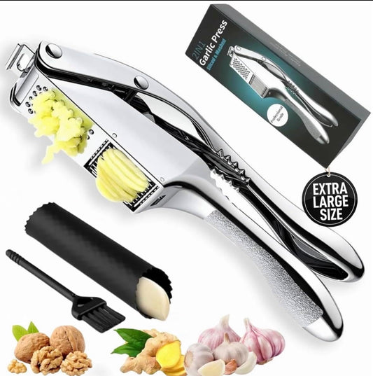 Garlic Press 3 in 1 Stainless Steel & Peeler – Durable Garlic Mincer, Crusher & Chopper with Silicone Roller & Cleaning Brush – Dishwasher Safe Kitchen Gadget