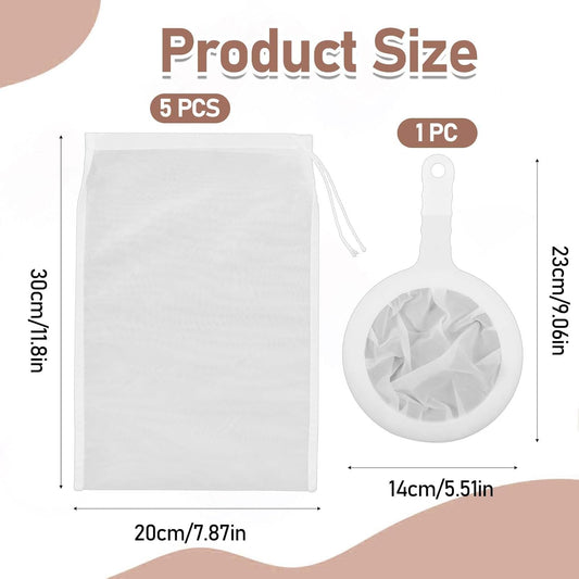 5 Pack Reusable Fine Mesh Strainer Bag and 200Mesh Fine Mesh Strainer, Nut Bag Strainers Nylon Cheese Cloth Bags Reusable Nut Milk Bags for Straining Fruit Juice Cheese Coffee Tofu Yogurt Tea