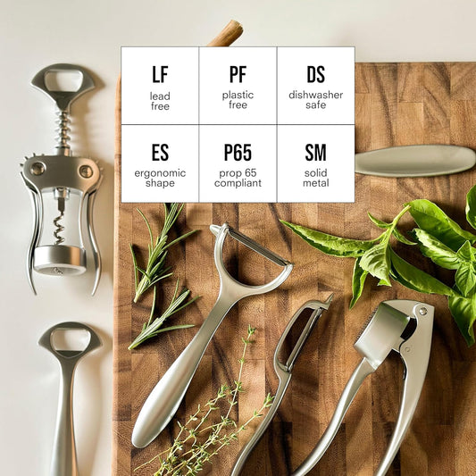 Kitchen Tool Set | 6 Piece Kitchen Utensil Set | Includes Y-Peeler, Peeler, Bottle Opener, Wine Opener, Pizza Cutter, and Garlic Press | Plastic-Free, Dishwasher Safe Gadget Essentials