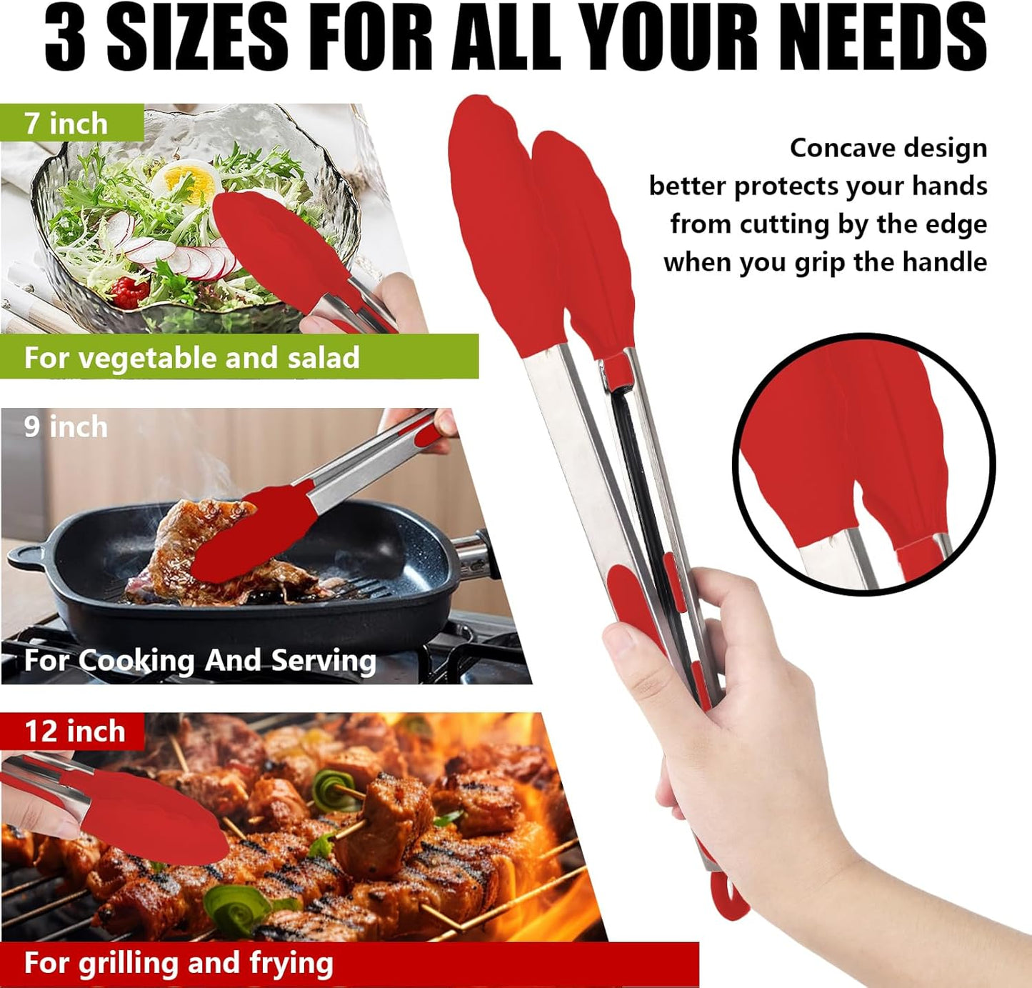 Kitchen Tongs with Silicone Tips, Kitchen Tongs, Cooking Tongs, Premium Stainless Steel Locking Cooking Tongs, Non-Slip Food Tongs for Cooking, Heavy Duty, Non-Stick, 480℉, Set of 3-7"/9"/12" Black