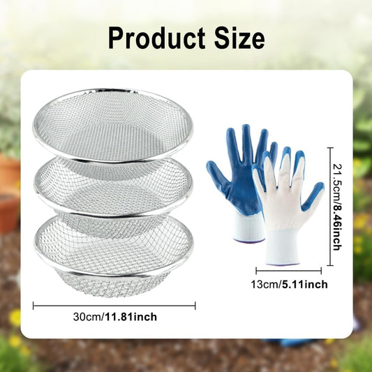 3 Pcs Gardening Sieve with Mesh Strainer, Round Soil Sifter for Gardening | 3/8", 1/4" & 1/8" Mesh Garden Sifting Screen with Gloves, Heavy Duty Rock Sieve Fits 5 Gallon Bucket