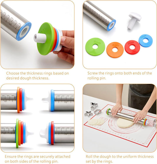 Rolling Pin with Thickness Rings, 17" Adjustable Stainless Steel Rolling Pins for Baking, Dough Roller for Fondant Pizza, Pie, Pasta, Cookies, Cakes, Kitchen Baking Supplies