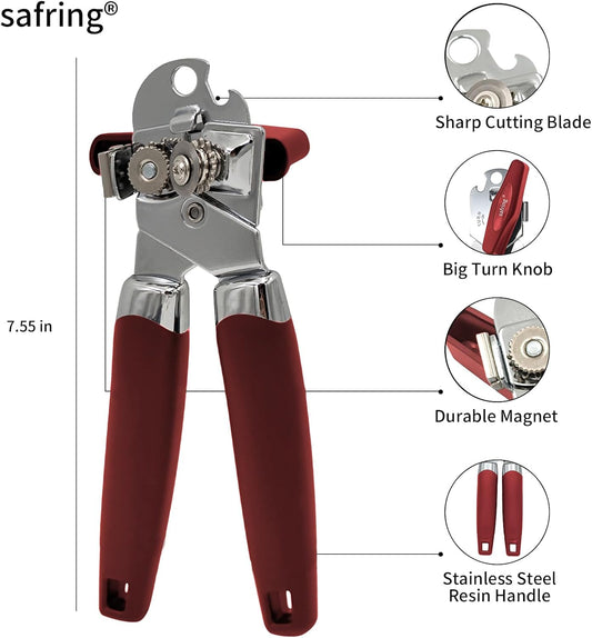 Can Opener Manual with Magnet, Stainless Steel Handheld Heavy Duty Can Opener, Sharp Blade Smooth Edge, Comfortable Handle, Can Openers with Multifunctional Bottle Opener, Red