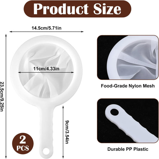 2 PCS Small Fine Mesh Strainer, Plastic Strainers Fine Mesh for Kitchen with Handle, Juice Strainers After Juicing, Soft Nylon Small Strainer for Coffee, Milk, Soy Milk, Juice(120 Mesh)