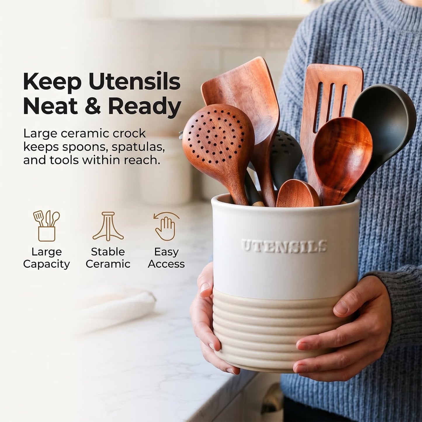 WILDMOS Ceramic Utensil Holder,Farmhouse Kitchen Utensil Holder for Countertop,Large Kitchen Utensil Organizer,Cooking Utensil Crock.