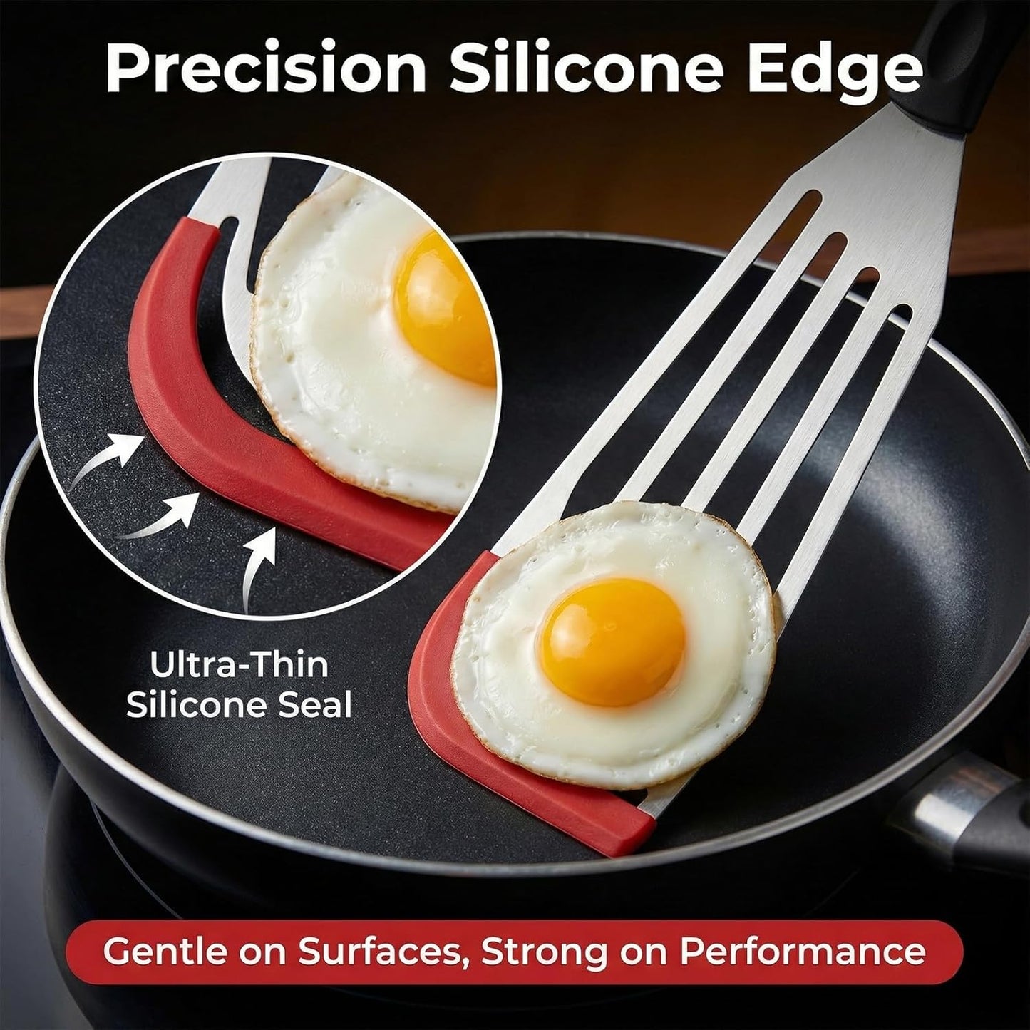 Silicone Fish Spatula Heat Resistant Silicone Edge Fish Slotted Turner Spatula Flexible Thin Stainless Steel Flipper Kitchen Cooking Use Utensils for Egg Pancake Nonstick Cookware