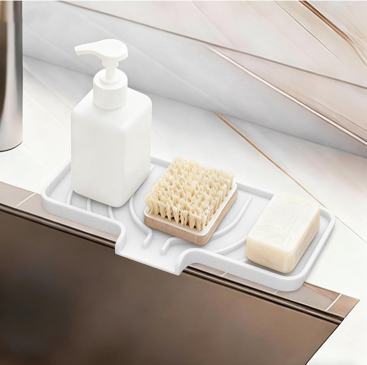 Sponge Holder for Kitchen Sink, 10"x 4" Kitchen Sink Organizer, Sink Caddy and Soap Tray,Compatible with Scrub Daddy, Kitchen Sink Accessories (Grey)