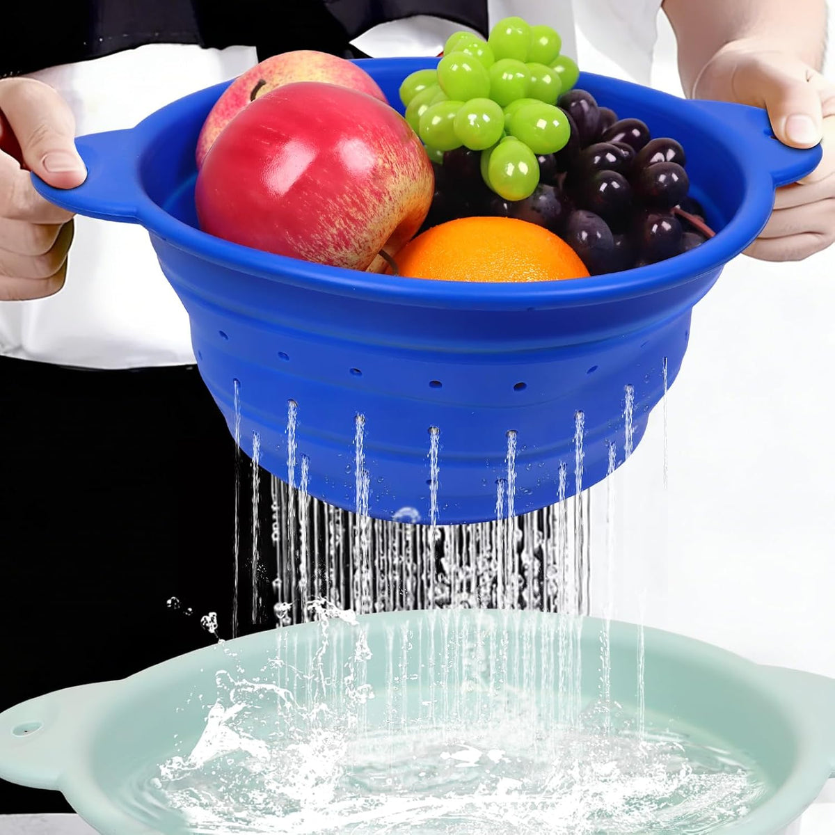 Collapsible Silicone Colander Basin Set, Thickened Strainer bowl, for Kitchen, RV, Camping, Draining Pasta, Washing Fruit, Vegetable