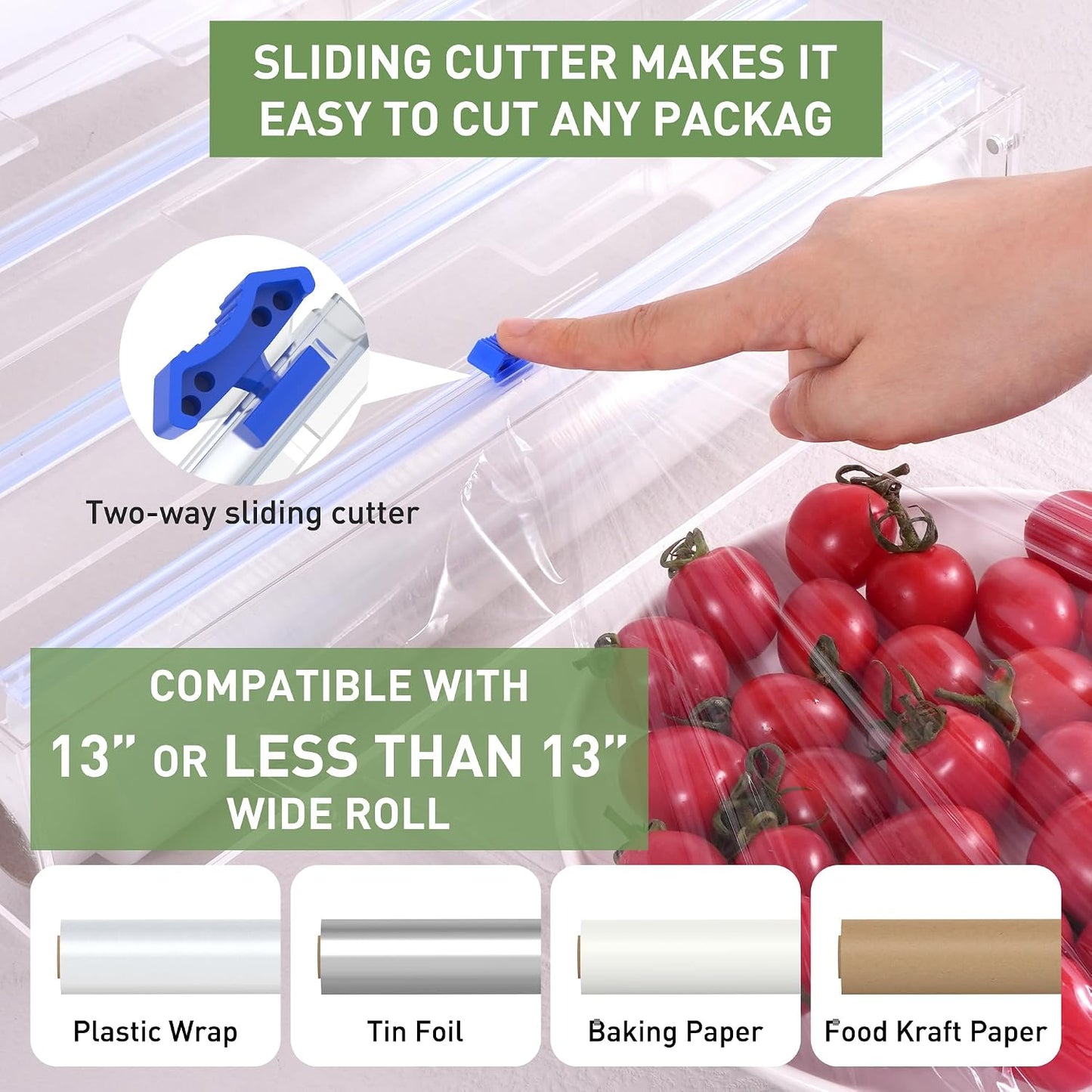 Kitchen Wrap Organizer, Foil and Plastic Wrap Organizer 3 in 1 with Sliding Cutter, Acrylic Wrap Dispenser for Drawer or Wall Mount, Fits 12 Inch Rolls