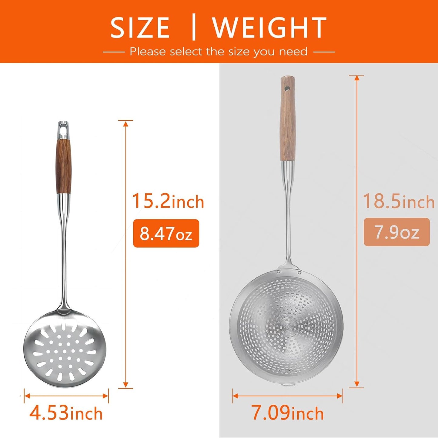 Strainer Skimmer Ladle, Slotted Spoons for Cooking and Frying, Kitchen Utensils Durable 304 Stainless Steel Skimmers Pasta Strainer Spoon with Wooden Handle,15.2 Inch