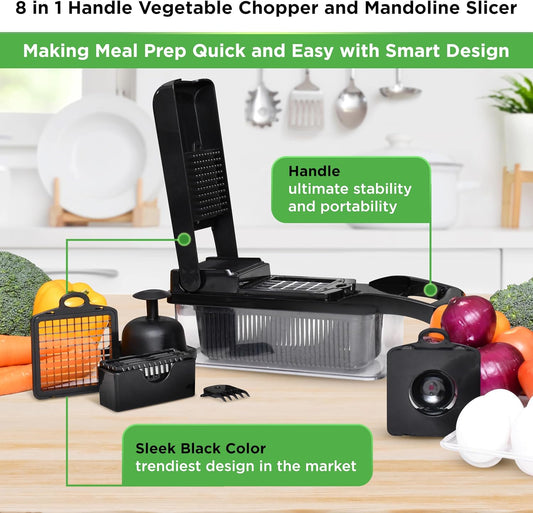Vegetable Chopper with Container, Veggie Chopper, Food Chopper & Onion Chopper - Mandoline Slicer for Kitchen (8 in 1, Black)
