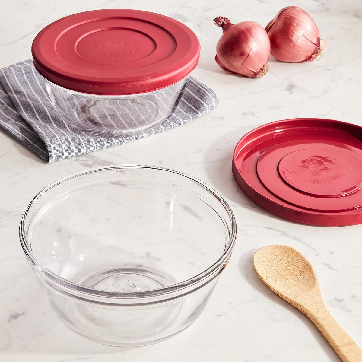 91858 Glass Mixing Bowls with Lids, Cherry, 4 Quart (Set of 2)