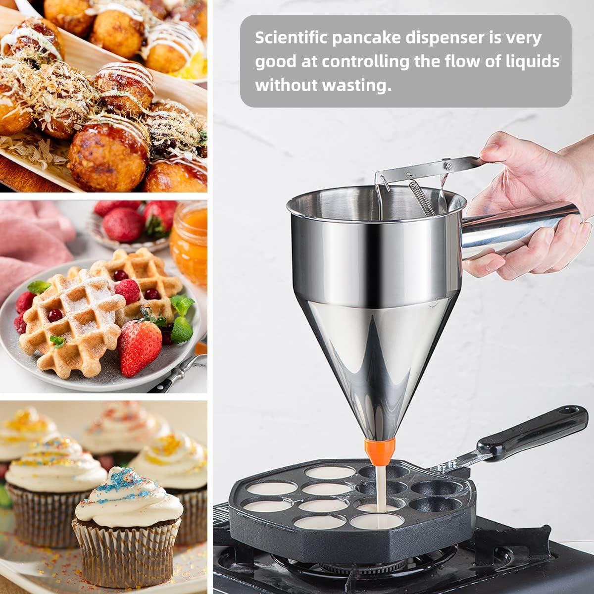 20oz Pancake Batter Dispenser, Stainless Steel 4 Caliber Funnel Cake Dispenser with Stand Great for Pancakes, Cupcakes and Baked Goods