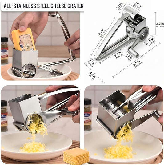 Rotary Cheese Grater with Handle, Professional Grade Stainless Steel Manual Ginger & Chocolate Shredder, Reversible Drum for Left/Right Hand, Easy-to-Clean Vegetable & Nut Grinder for Kitchen & Pizza