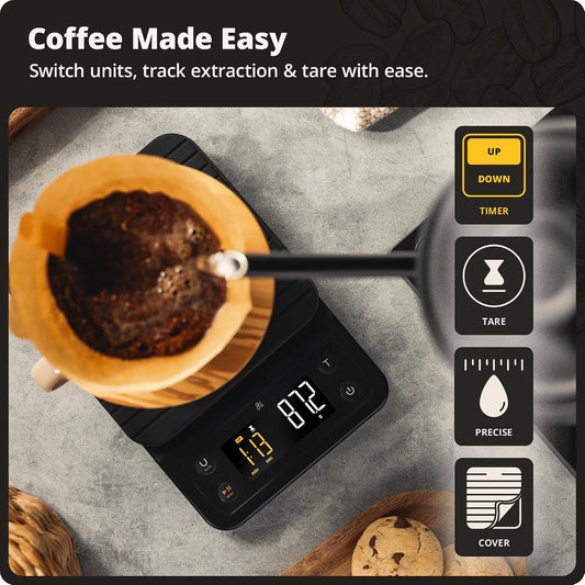 Coffee Scale with Timer, 0.1g Precision for Espresso & Matcha | Digital Pour-Over Scale with Waterproof Silicone Cover, Backlit Display & 6.6lb Capacity for Chemex, V60, Drip (Onyx Black)