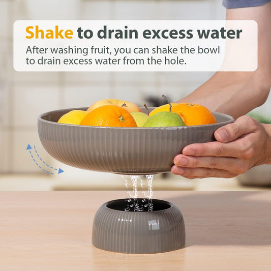 Ceramic Fruit Bowl for Kitchen Counter, Large Fruit Basket with Hole, Grey | 10" Large Fruit Basket with Removable Pedestal, Decorative Fruit Bowl for Table Countertop, Fruit and Vegetable Holder