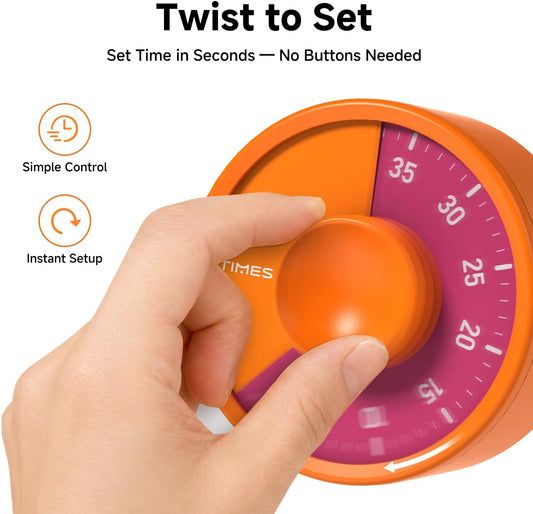 60-Minute Visual Timer with Twist-to-Set Dial and Loud Alarm, Orange | Manual rotary countdown dial, battery powered, clear visual display for study, focus, classroom, office, and home use