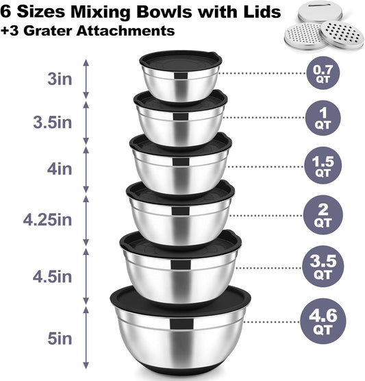 Mixing Bowls, Stainless Steel Salad Bowl with Lid & Graters -Black | 6 PCS for Kitchen Baking Serving Prepping, Container for Dough Veggie Fruit, Non-Slip & Nesting, 4.6 /3.5 /2 /1.5 /1 /0.7 QT