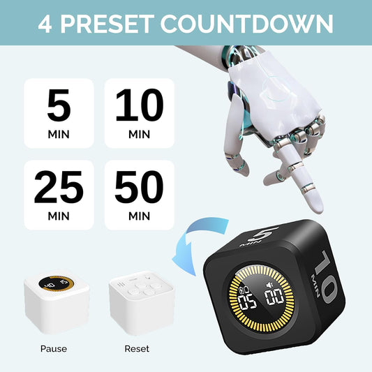 Pomodoro Timer Visual - Productivity Pomodoro Cube, 5/10/25/50 Min Countdown & Countup, Silent – Ideal for Work Study Cook Workout Kitchen School Classroom Office ADHD Gift Kids (1, Black)