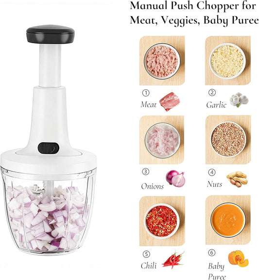 Manual Food Chopper Hand Push Express Vegetable Dicer Mincer Sharp Blades Onion Cutter Garlic Mincer with Container for Chili Meat Nuts Herbs, Dishwasher Safe