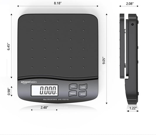Digital Postal Shipping Scale with Tare Function, AC Adapter, 65 lb Capacity, 0.1 oz Readability, LCD Display, Black