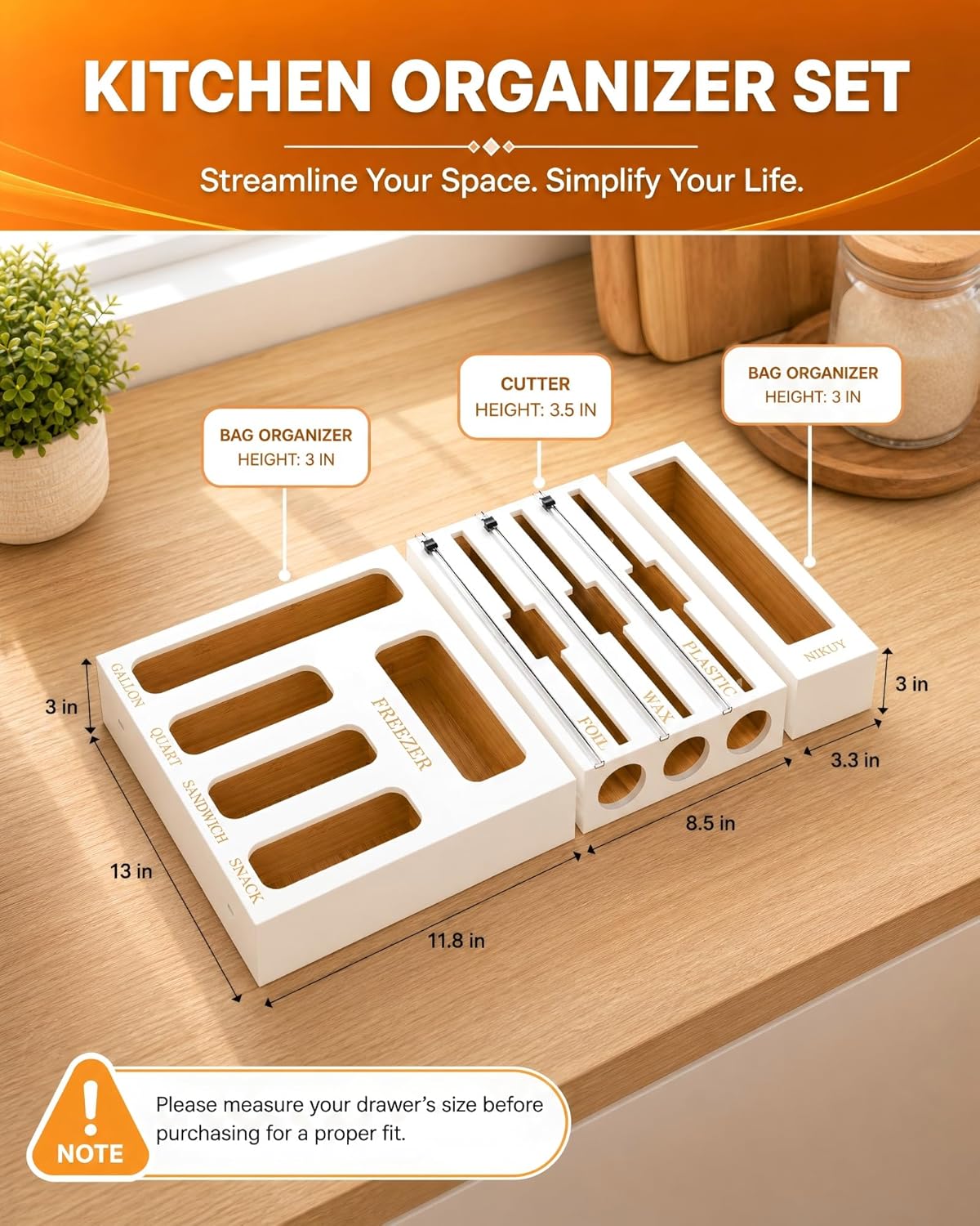 9 IN 1 Bamboo Foil and Plastic Wrap Organizer for Kitchen Drawer, Plastic Bag Organizer Organization and Storage, Food Storage Bag Organizer with Labels for Quart Gallon Snack Sandwich Bag