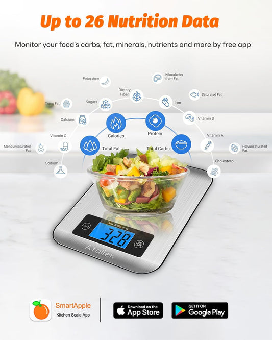 Smart Food Scales, 1g Resolution Max 5kg 11Ibs, Stainless Steel | Digital Kitchen Scale with Nutritional Calculator, Smartphone App, 26 Nutrients Tracking, for Cooking, Baking, Meal Prep