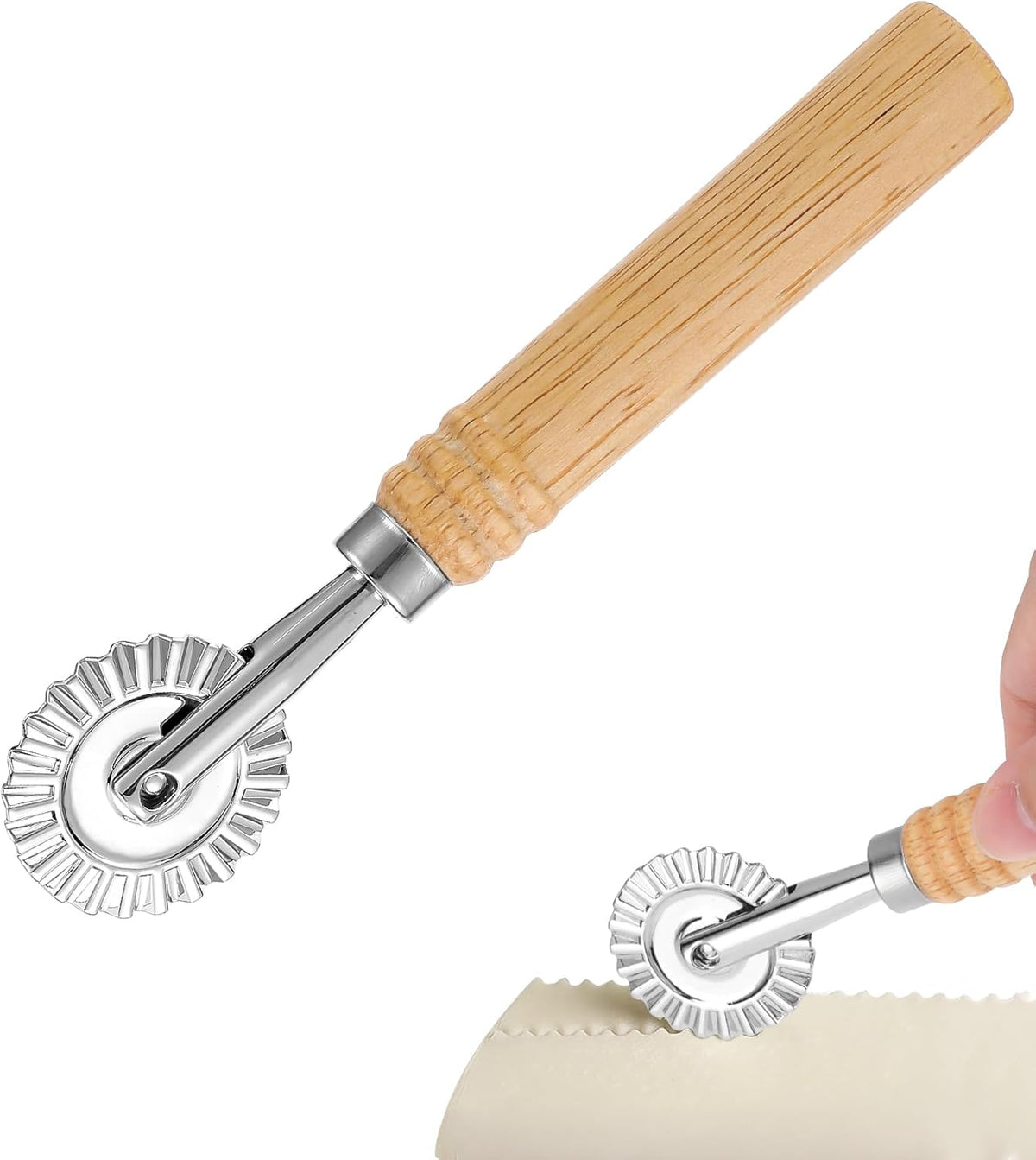 Fluted Pastry Cutter, Fluted Pastry Wheel 6.3 Inch Stainless Steel with Ergonomic Oak Handle for Pasta, Dumplings & Noodles, 360° Effortless Cutting